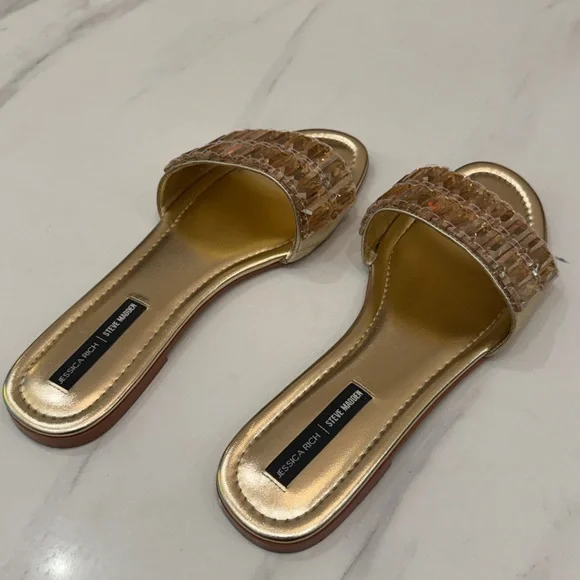 JESSICA RICH / STEVE MADDEN Amber Gold Slide Sandals - Picture 2 of 12